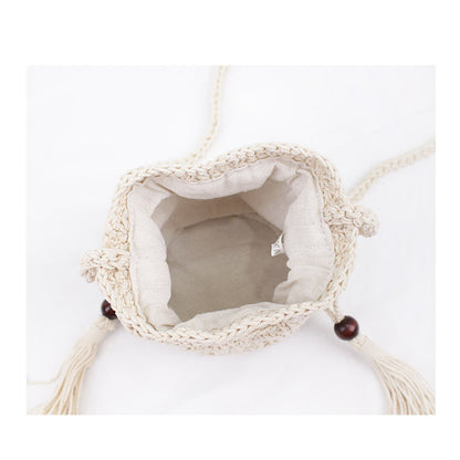 Ielgy Korean Version Cotton Thread Tassel Drawstring Bucket Bag Simple Straw Beach One-Shoulder Woven Mini Messenger Female Bag