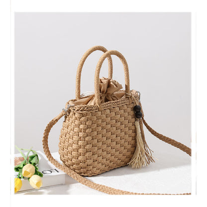 Ielgy Straw Bag Cute Handmade Bucket Rattan Bag One Shoulder Messenger Woven Bag