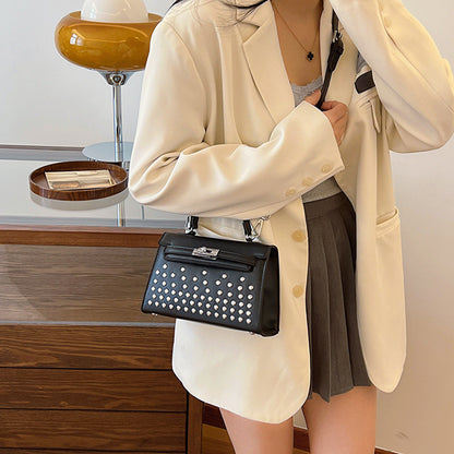 Ielgy Ladies Black Rivet Silver Buckle Messenger Bag