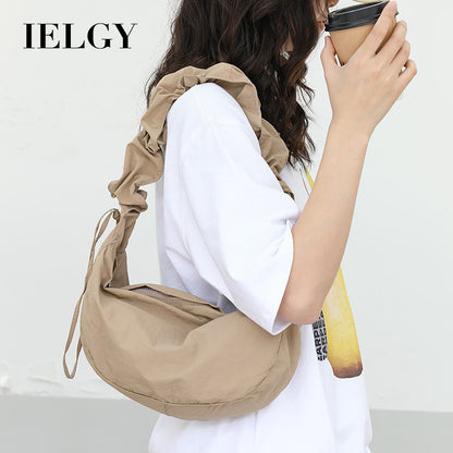 Ielgy Korean Version Casual Literary One-Shoulder Female Bag Pleated Nylon Dumpling Bag Fashion Drawstring Canvas Messenger Bag