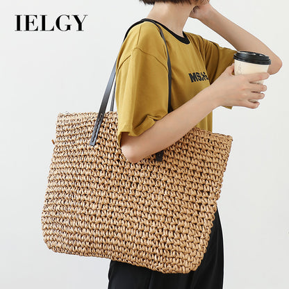 Ielgy Summer Pastoral Style Woven Beach Bag Leisure Seaside Vacation Portable Female Bag Large Capacity Straw Woven