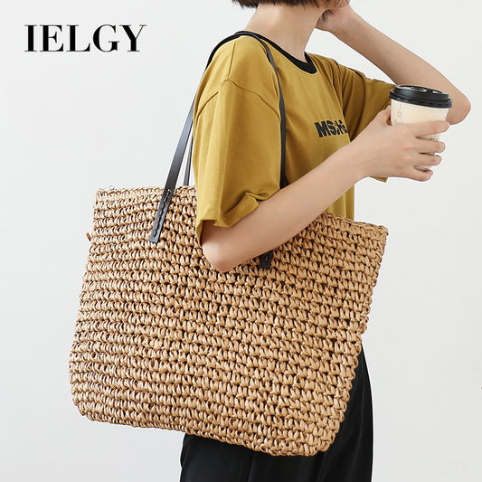 Ielgy Summer Pastoral Style Woven Beach Bag Leisure Seaside Vacation Portable Female Bag Large Capacity Straw Woven