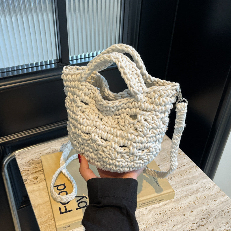 Ielgy Ladies Messenger Cotton Thread Woven Bag All-Match Hollow Straw Vacation Beach Bag Fresh