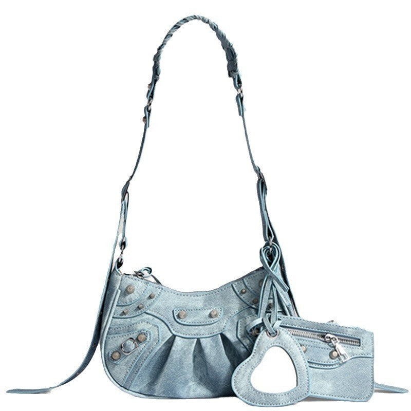 Ielgy Fashion Trendy Motorcycle Bag Underarm Bag Rivet Tassel High-End Feeling Pleated Shoulder Messenger Female Bag