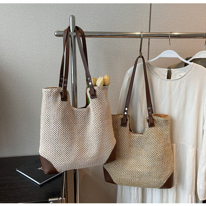 Ielgy Ladies Hand-Woven Straw Woven All-Match Large-Capacity Retro One-S