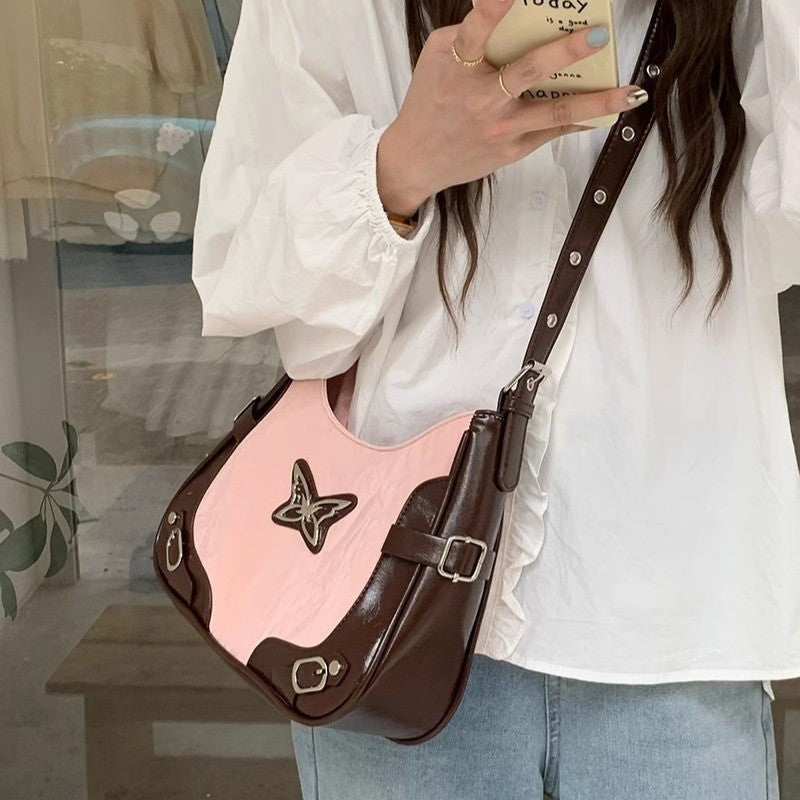 Ielgy Niche Retro Butterfly Contrast Color Motorcycle Underarm Bag American Sweet Cool Hot Girl Shoulder Messenger Bag