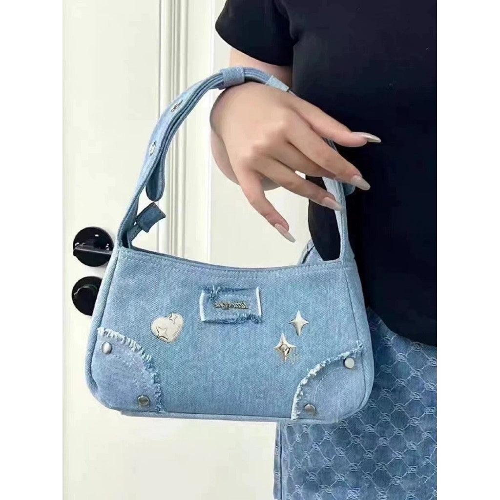 Ielgy Niche Design Metal Star Denim Underarm Small Square Bag Retro Commuter Portable Shoulder Bag