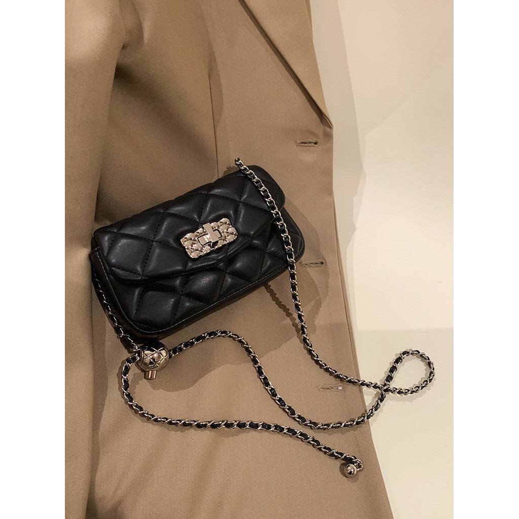 Ielgy Ladies Black Diamond Small Golden Ball Chain Small Square Bag Fashionable All-Match Shoulder Messenger Bag