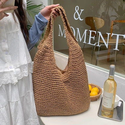 Ielgy Seaside Vacation Straw Bag Beach Bag One Shoulder Mori Style Hand-woven Bag Large Capacity