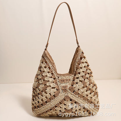 Ielgy Straw Hollow Contrast Color Woven Bag Vacation Beach Bag