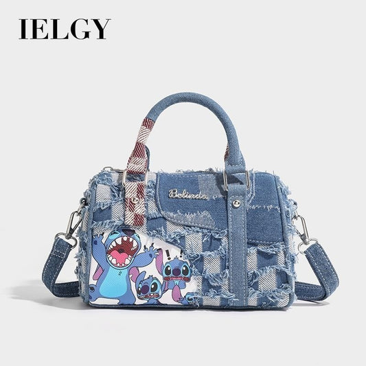 Ielgy Contrast Color Niche Cartoon Stitch Denim Bag Hole Stitching Cross-body Portable Pillow Bag