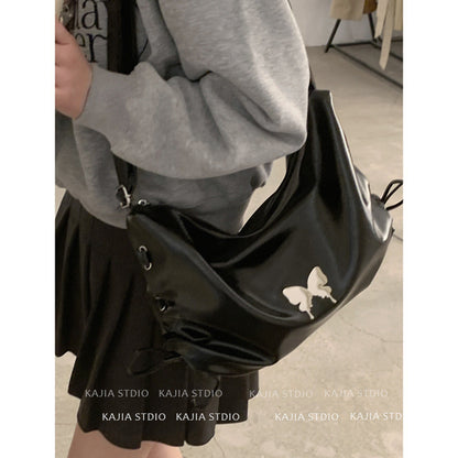 Ielgy Ladies Black Niche Underarm Bag Cool Casual Large-Capacity Cross-Body Commuter Tote Bag