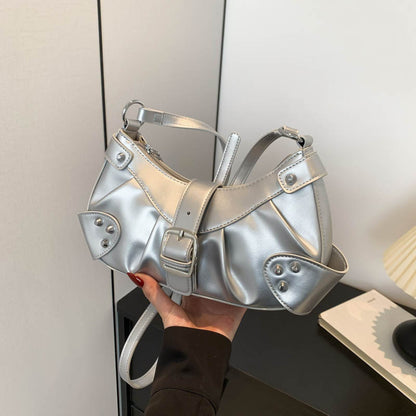 Ielgy Folded Motorcycle Style One-Shoulder Underarm Silver Bag Ladies Fashion Commuter Diagonal Small Square Bag