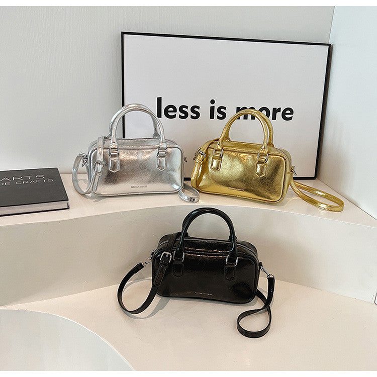 Ielgy Ladies High-End Boston Pillow Handbag Casual All-Match Silver Messenger Bag