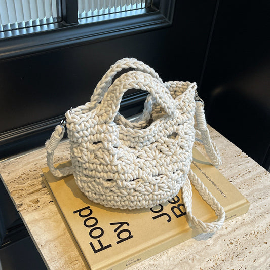 Ielgy Ladies Messenger Cotton Thread Woven Bag All-Match Hollow Straw Vacation Beach Bag Fresh