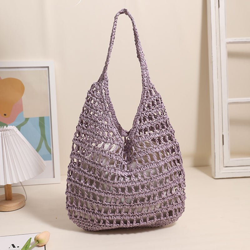 Ielgy French Large-Capacity One-Shoulder Straw Bag Seaside Vacation Hollow Tote Portable Beach Bag
