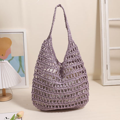 Ielgy French Large-Capacity One-Shoulder Straw Bag Seaside Vacation Hollow Tote Portable Beach Bag
