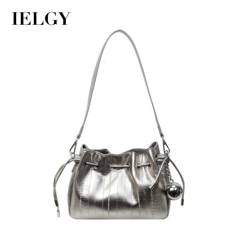 Ielgy Ladies Pleated Silver Messenger Bag All-Match Design Sense Shoulder Bag Ding Bucket Bag