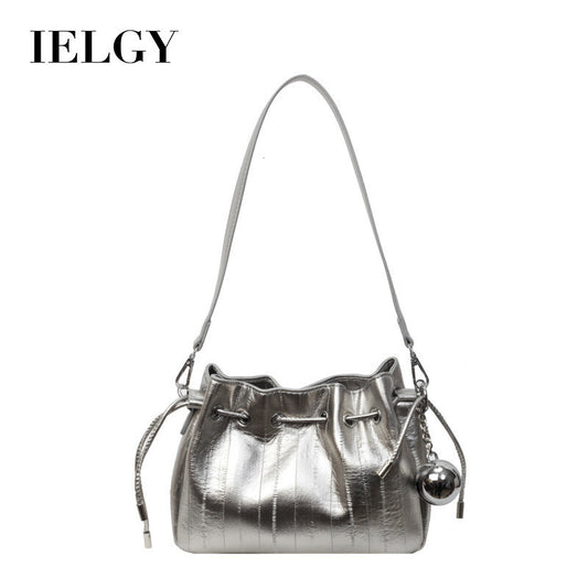 Ielgy Ladies Pleated Silver Messenger Bag All-Match Design Sense Shoulder Bag Ding Bucket Bag