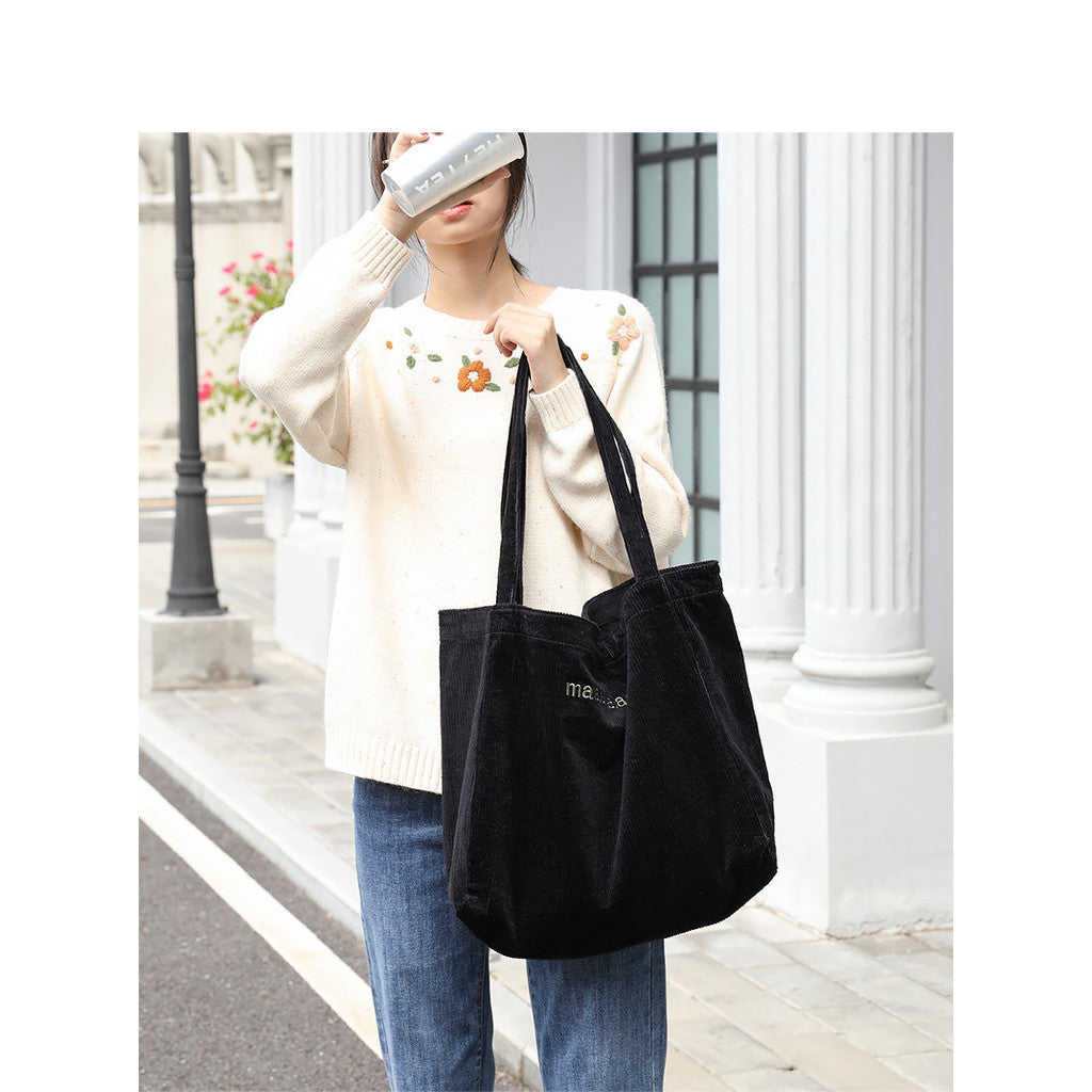 Ielgy Japanese Casual Literary Handbag Letter Embroidery Canvas Shopping Bag Fashion Corduroy Shoulder Bag
