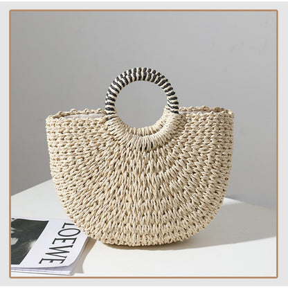 Ielgy Ladies Retro Straw Woven Portable Semicircle Shell Hand-Woven Seaside Vacation Beach Bag