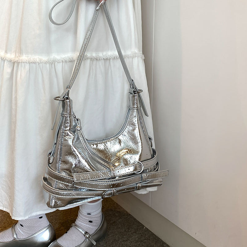 Ielgy Retro Hot Girl Style Large-Capacity Silver Stray Bag Fashionable All-Match One-Shoulder Messenger Underarm Bag Trendy