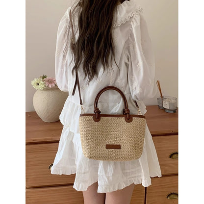 Ielgy Beach Style Portable Woven Small Bag Shoulder Cross-body Vegetable Basket Bucket Straw Bag