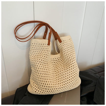Ielgy Ladies Large-Capacity One-Shoulder Cotton Thread Woven Bag Hollow Mesh Pattern Tote Bag Seaside V