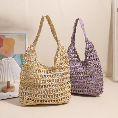 Ielgy French Large-Capacity One-Shoulder Straw Bag Seaside Vacation Hollow Tote Portable Beach Bag