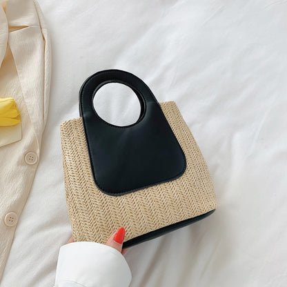 Ielgy Ladies Retro Contrast Color Stitching Straw Bag Large Capacity Hand-Woven Bag Simple Fashion One-Shoulder Handba