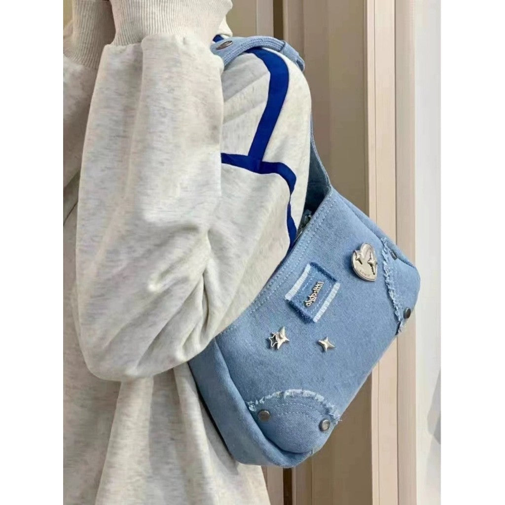 Ielgy Niche Design Metal Star Denim Underarm Small Square Bag Retro Commuter Portable Shoulder Bag
