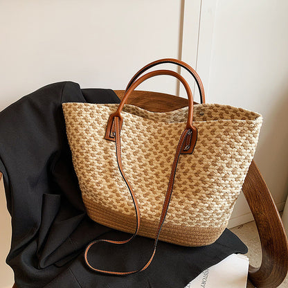 Ielgy Bohemian Style Hand-Woven Bag Seaside Vacation Travel Straw Woven Large Capacity Leisure Simple Commuter Female Bag