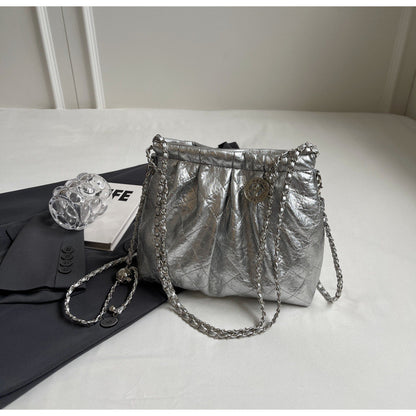 Ielgy Ladies Silver Tote Bag Korean Version Work Commuter Large-Capacity Pleated One-Shoulder Armpit Bag