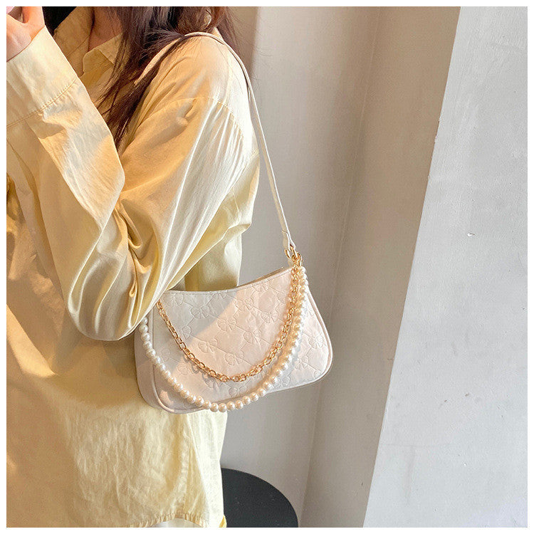 Ielgy Pearl Chain Bag Fashion Underarm Bag All-Match One-Shoulder Messenger Small Square Bag