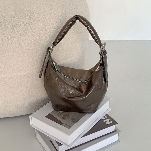 Ielgy Oil Wax Leather High-End Soft Leather One-Shoulder Commuter Underarm Bag Ladies All-Match Trendy Fashion Dumpling Bag