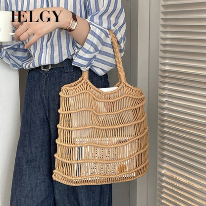Ielgy Korean Version Retro Hollow One-Shoulder Cotton Thread Woven Bag Lazy Style Portable Straw Seaside Vacation Beach Bag