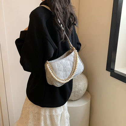 Ielgy Pearl Chain Bag Fashion Underarm Bag All-Match One-Shoulder Messenger Small Square Bag
