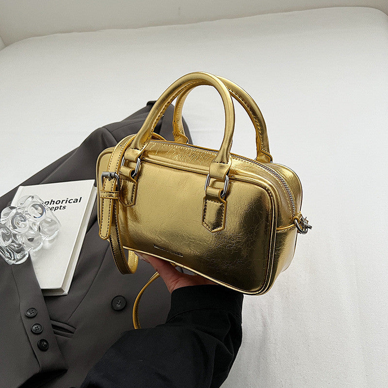 Ielgy Ladies High-End Boston Pillow Handbag Casual All-Match Silver Messenger Bag