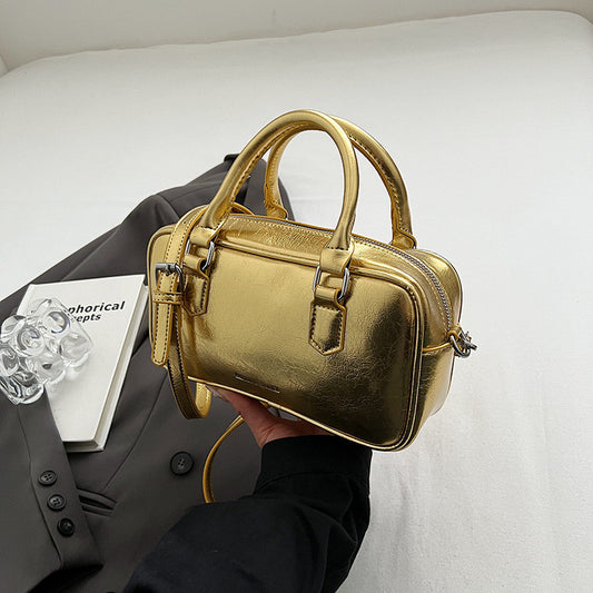 Ielgy Ladies High-End Boston Pillow Handbag Casual All-Match Silver Messenger Bag