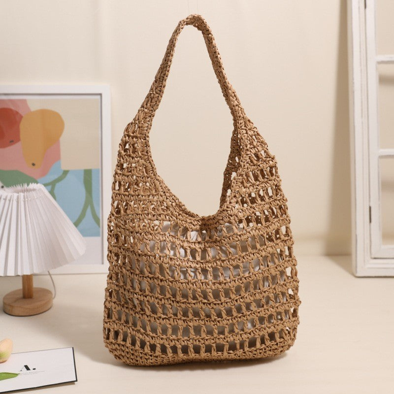 Ielgy French Large-Capacity One-Shoulder Straw Bag Seaside Vacation Hollow Tote Portable Beach Bag