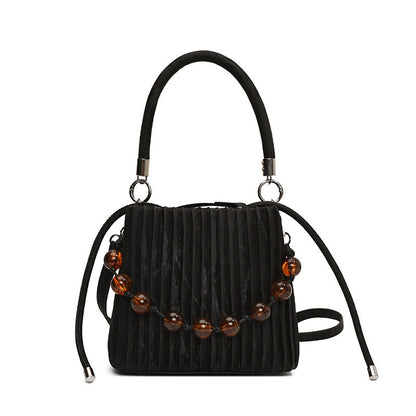 Ielgy Ladies Niche Pleated All-Match Messenger Bag Fashion Beaded Portable Bucket Bag