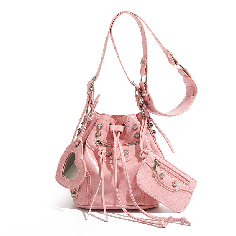 Ielgy Ladies All-Match Drawstring Silver Female Bag Fashion Bucket Bag Rivet Motorcycle Bag Casual Commuter Shoulder Messenger