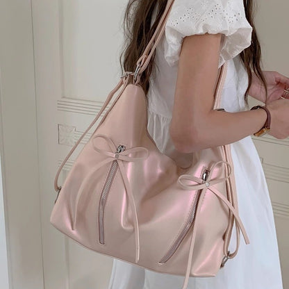 Ielgy Bow Pink Backpack Trendy Fashion Tote Bag Casual Large Capacity Shoulder Bag
