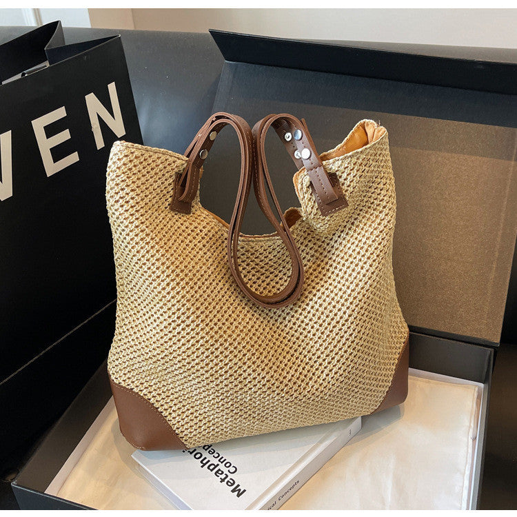 Ielgy Ladies Hand-Woven Straw Woven All-Match Large-Capacity Retro One-S