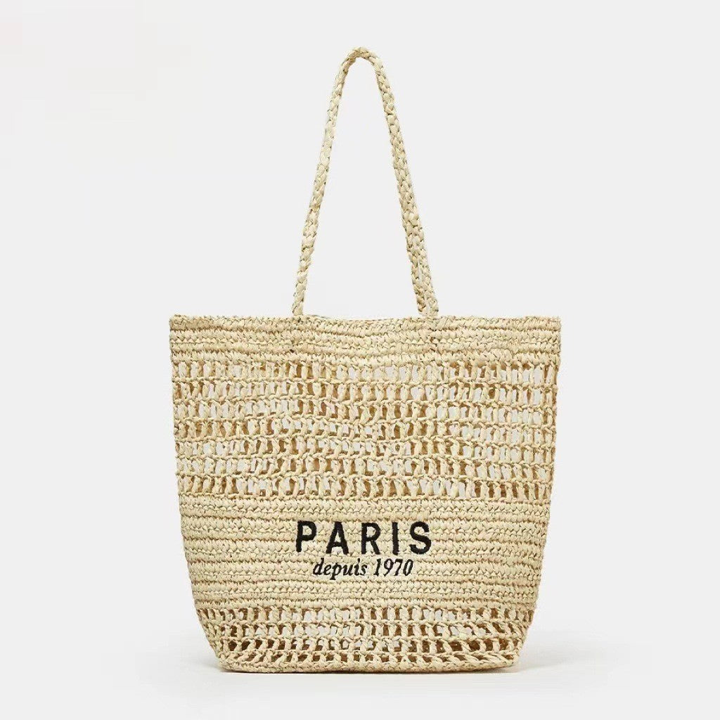 Ielgy Letter Embroidery One-Shoulder Straw Bag All-Match Large-Capacity Woven Vacation Beach Female Bag