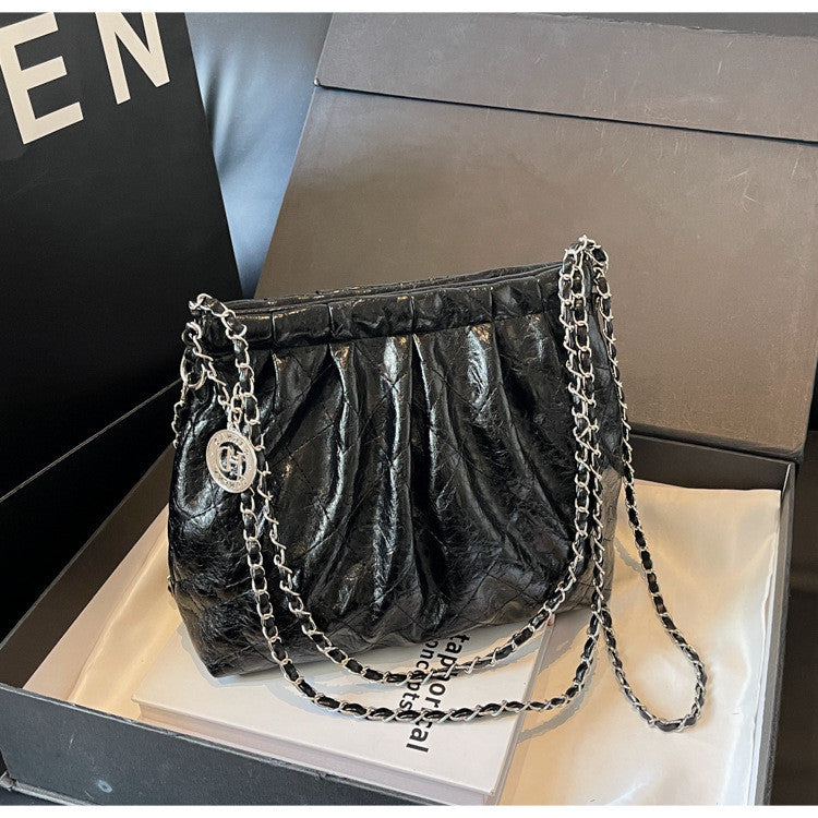 Ielgy Ladies Silver Tote Bag Korean Version Work Commuter Large-Capacity Pleated One-Shoulder Armpit Bag