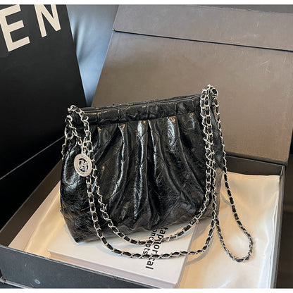 Ielgy Ladies Silver Tote Bag Korean Version Work Commuter Large-Capacity Pleated One-Shoulder Armpit Bag