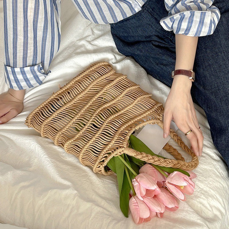 Ielgy Korean Version Retro Hollow One-Shoulder Cotton Thread Woven Bag Lazy Style Portable Straw Seaside Vacation Beach Bag