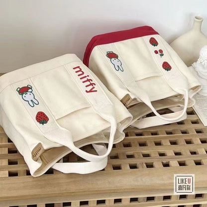 Ielgy Cartoon Strawberry Rabbit Embroidered Canvas Bag Outing Hand Bag Lunch Bag Office Worker Portable Storage Bag