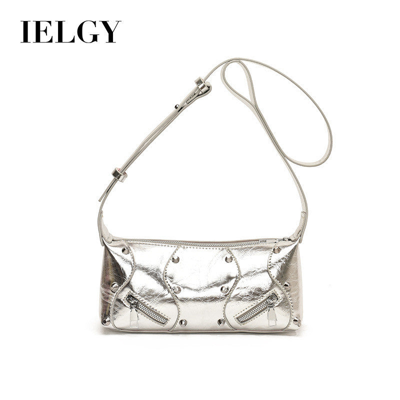 Ielgy Ladies Fashionable Hot Girl Style High-End Simple Shoulder Bag All-Match Silver Cross-Body Bag
